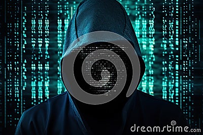 Unrecognizable computer hacker with hoodie and obscured face. Abstract technology, cyber security, cyber attack Stock Photo