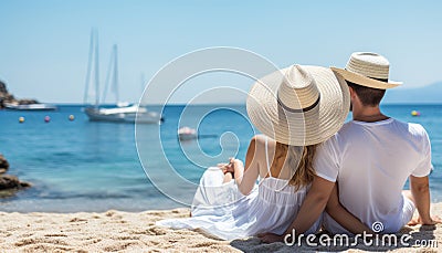 Unrecognizable couple with their backs turned, enjoying a picturesque summer day at the beach Stock Photo