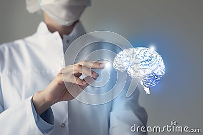 Unrecognizable doctor caring highlighted blue handrawn Brain. Medical illustration, template, science mockup Stock Photo