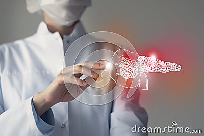 Unrecognizable doctor caring highlighted blue handrawn Pancreas. Medical illustration, template, science mockup Stock Photo
