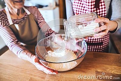 An elderly grandmother with an adult granddaughter at home, baking. Stock Photo