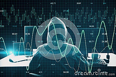 Unrecognizable hacker using laptop with abstract chart screen Stock Photo