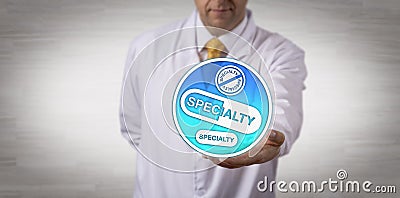 Clinician Presenting Specialty Drugs Icon In Hand Stock Photo