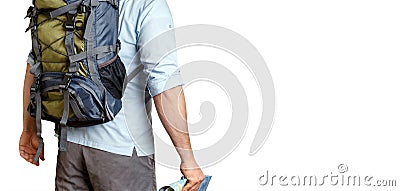 Unrecognizable Male Traveler With A Backpack Looking Into The Distance, Rear View Isolated. Adventure Destination Concept Stock Photo