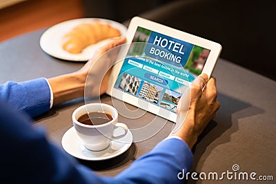 Unrecognizable Man Booking Hotel On Tablet Sitting In Cafe, Collage Stock Photo