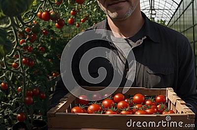 Unrecognizable man farmer with container harvest of tomatoes in greenhouse. Concept of horticulture, agriculture and Stock Photo