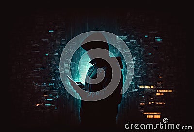 Unrecognizable man using smart phone inside massive data center. Hacking concept massive attack. Cartoon Illustration