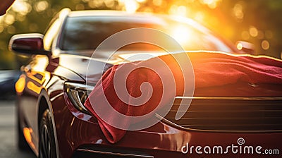 Unrecognizable person cleaning car with washcloth on a bright summer day in a wide shot Stock Photo