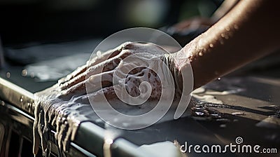 Unrecognizable person cleaning a car with a washcloth on a bright summer day in a wide shot Stock Photo