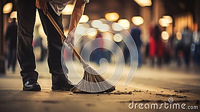 Unrecognizable person cleaning office floor, bright wide shot with blurred background Stock Photo