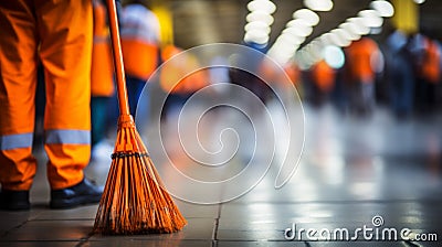 Unrecognizable person cleaning office floor with detailed shot and blurred background Stock Photo