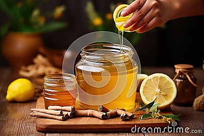 Unrecognizable woman adding mint to lemon tea, AI Generated Stock Photo