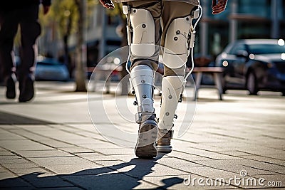 Unrecognizable woman wearing leg braces or orthosis walking on the street, view from behind. Generative AI Stock Photo