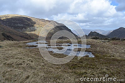 Unremarkable pond on hilltop Stock Photo