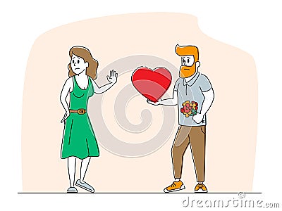 Unrequited Love Concept. Loving Man Giving Huge Red Heart to Woman Rejecting his Feelings Saying No Vector Illustration