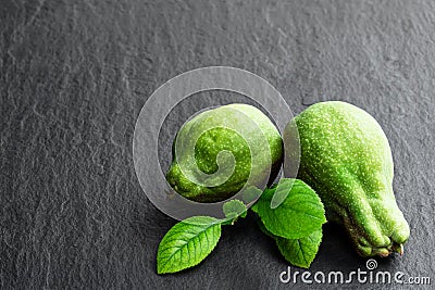 Unripe green quince fruits on black stone background Stock Photo