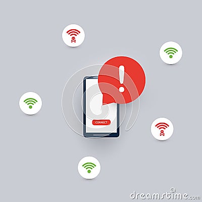 Unsafe Wireless Connections, Insecure Hacked Malicious Free Public Wi-Fi Hotspots Vector Illustration
