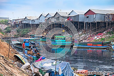 Unsanitary living conditions on lake Tonle Sap Editorial Stock Photo