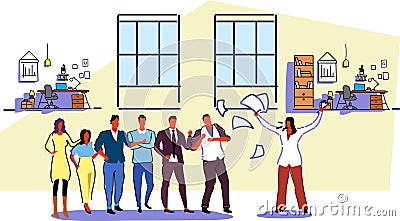 Unsatisfied woman boss throwing paper documents screaming on frustrated workers bad job concept angry employer shouting Vector Illustration