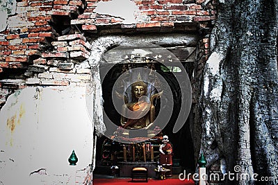 Unseen Thailand,Ruins of old temple with a Bodhi tree root Stock Photo