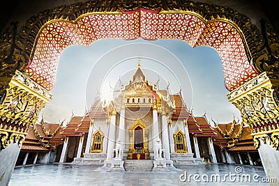 Unseen thailand, Sunrise at Wat Benchamabophit Dusitvanaram, Ancient royal marble buddha temple, the public place photograhy is Stock Photo