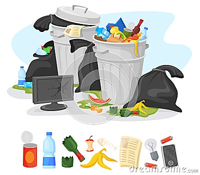 Unsorted trash dumpster. Overflowing garbage bucket, pile city rubbish bags cans, litter heap, cartoon dirty metal bin Vector Illustration