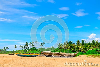 Unspoiled tropical beach with palm trees and fishing boats in Sri Lanka Stock Photo