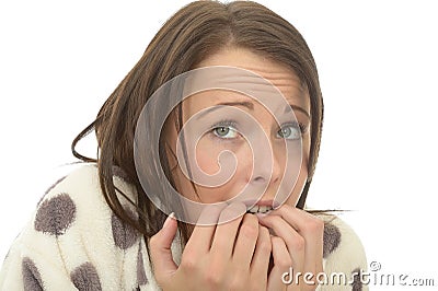 Unstable Nervous Scared Anxious Sad Young Woman Biting Her Nails Stock Photo