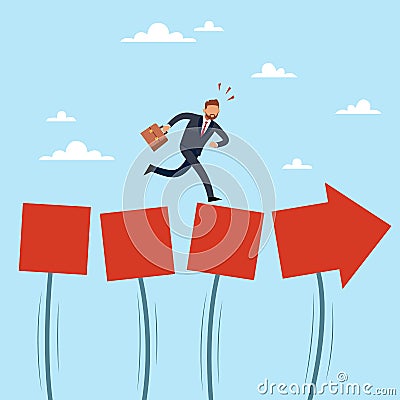 An unstable, shaky path to success. Not stable career growth. Businessman running to goal, hard way, employee ambition Vector Illustration