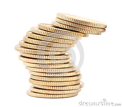 Unstable stack of golden coins Stock Photo