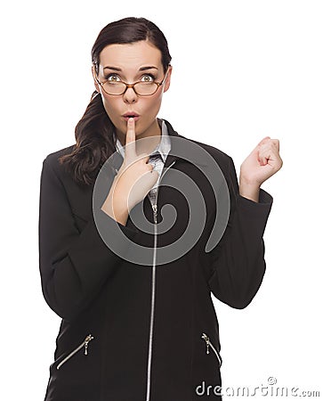 Unsure Mixed Race Businesswoman Puts Finger on Her Lips Stock Photo