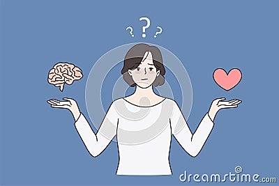 Unsure woman choose between brain and heart Vector Illustration
