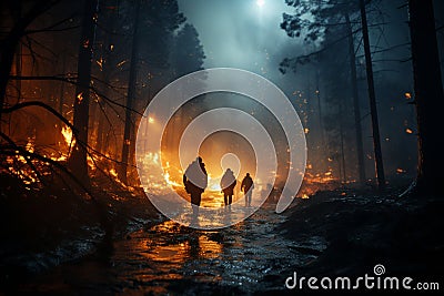 Untamed forest blaze, night shift, valiant firefighters at work Stock Photo