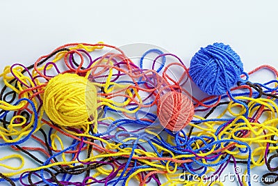 Untangling tangled threads. Multicolored tangled threads. Copy space Stock Photo
