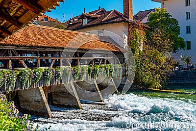 Untere Schleuse covered bridge in Swiss town Thun Stock Photo