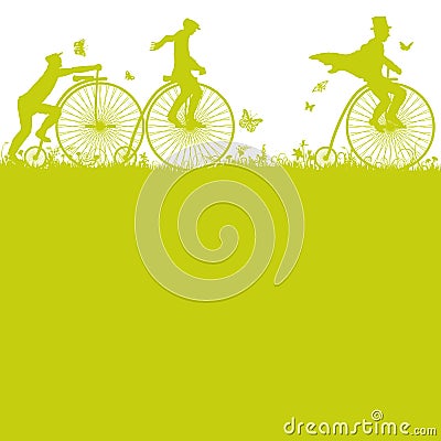 Biking with an old high wheel and penny-farthing Vector Illustration