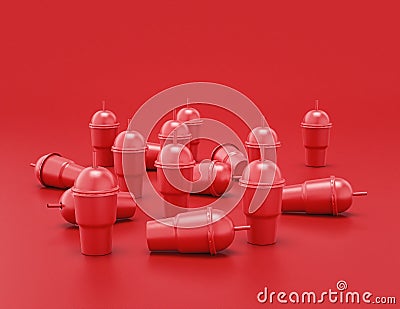 Untidy scattered slurpee cups shiny red plastic slurpy caffee container in red background, flat colors, single color, 3d rendering Stock Photo