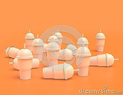 Untidy scattered slurpee cups white plastic slurpy caffee container in yellow orange background, flat colors, single color, 3d Stock Photo