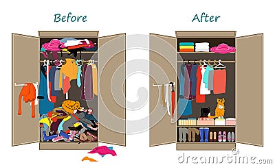 Before untidy and after tidy wardrobe. Messy clothes thrown on a shelf and nicely arranged clothes in piles and boxes. Vector Illustration