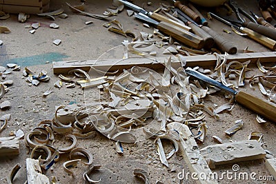 Untidy workplace of a woodcarver Stock Photo