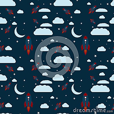 Seamless pattern night theme rocket launch clouds stars and moon crest Vector Illustration