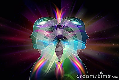 Human male, female bodies, Universe Inspiration Enlightenment Unity consciousness, Yin Yang, twin flames Stock Photo