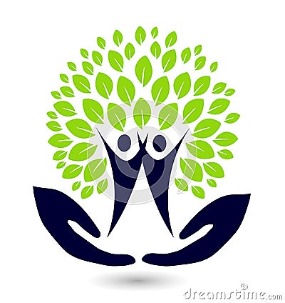 Hand with family tree logo icon element on white background. Cartoon Illustration