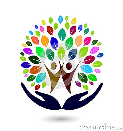 Hand with family colorful tree logo icon element on white background. Cartoon Illustration