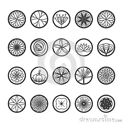 Flowers icons in a round shape. Single line style-vector. Vector Illustration