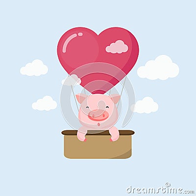 Happy holiday card. Funny pig on the air balloon in the sky. Vector Illustration