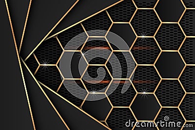 Black metal sheet with gold edges on the black mesh as the background. Vector Illustration