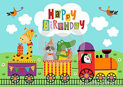 Poster funny animals ride the train Happy Birthday Vector Illustration