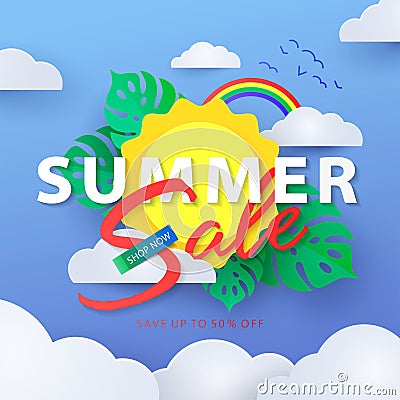  Summer Sale banner with sun in the clouds, rainbow in the blue sky and tropical leaves Vector Illustration