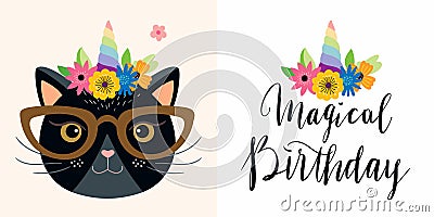 Birthday cards set with funny unicorn cat and hand lettering Vector Illustration